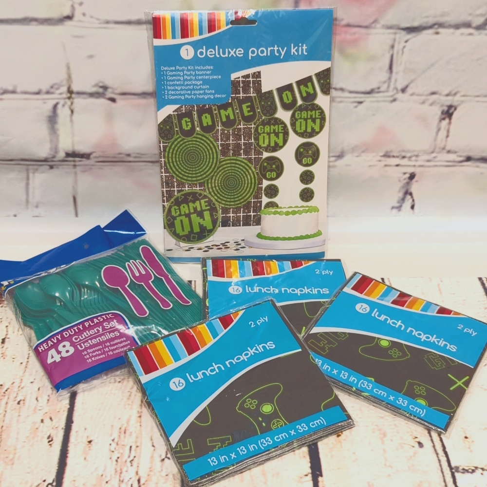 Game On Themed Deluxe Party Kit with Napkins (3 packs) and Plastic Cutlery NWT